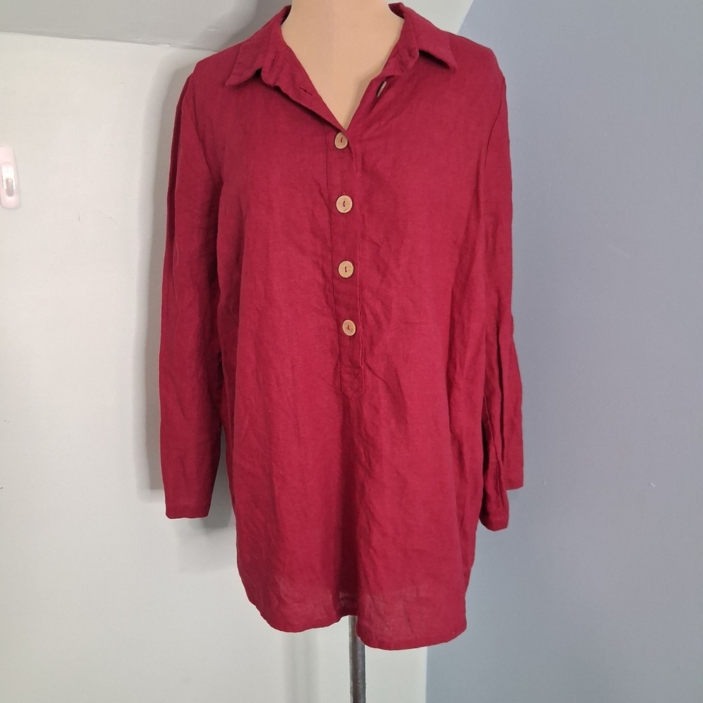 Love And Confuse Deep Red Oversized 100% Linen Tunic Top Button Collared Sz M‎